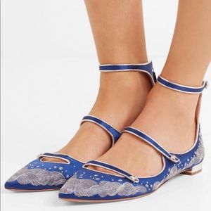 Aquazzura Womens + Claudia Schiffer Embroidered Satin Point-Toe Flats